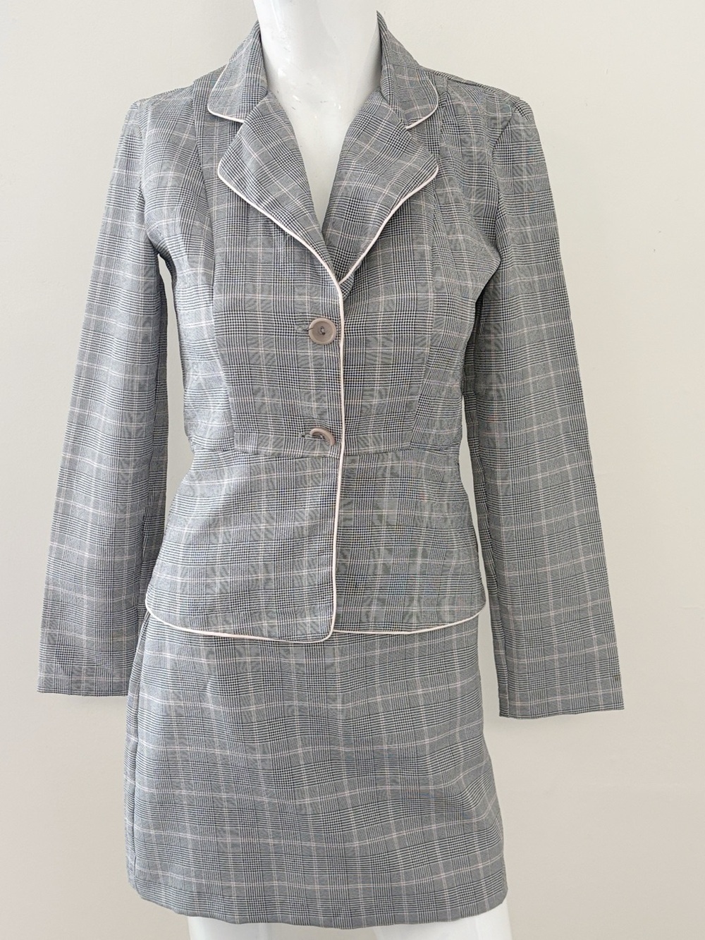 Vintage I.N. San Francisco Grey & Pink Plaid Houndstooth Mini Skirt & Blazer Set